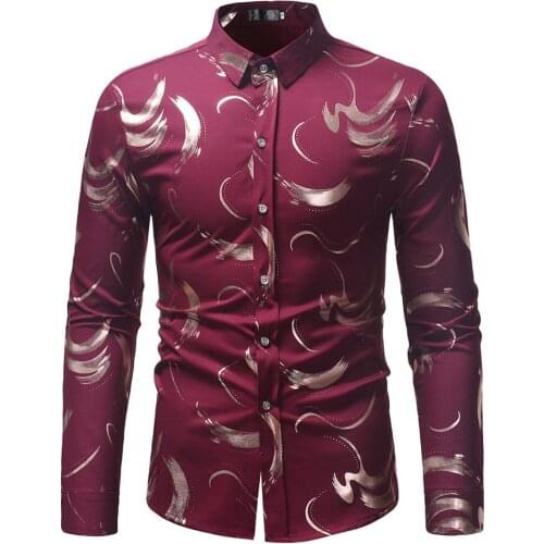 Gold Bronzing Print Lapel Shirt Men 2020 Brand New Slim Fit Long Sleeve Mens Dress Shirts Casual Wedding Party Social Shirt Male