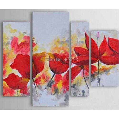 Hand painted MODERN ABSTRACT HUGE LARGE CANVAS ART OIL PAINTING 4P red flowers paintings no framed