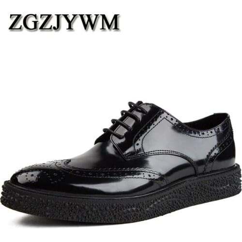 ZGZJYWM High Quality Black/Red Genuine Leather Lace-up Pointed Toe Flats Oxfords Carved Casual Dress Party Wedding Shoes