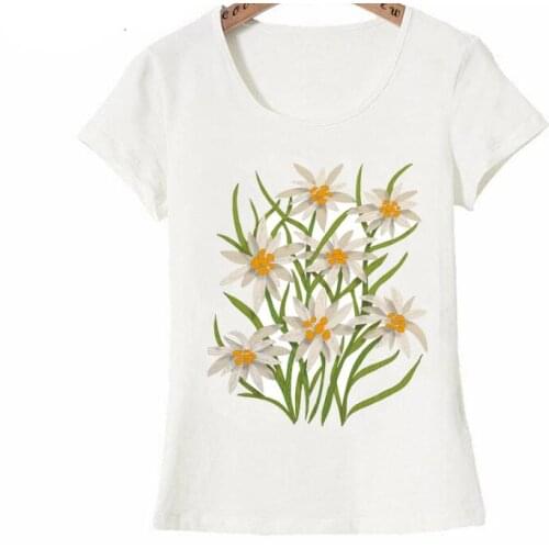 Dugujunyi 2020 Summer Women t-shirt Beautiful Edelweiss flowers Print T-Shirt Cute Flower Design Simple Casual Tops Elegant Woma