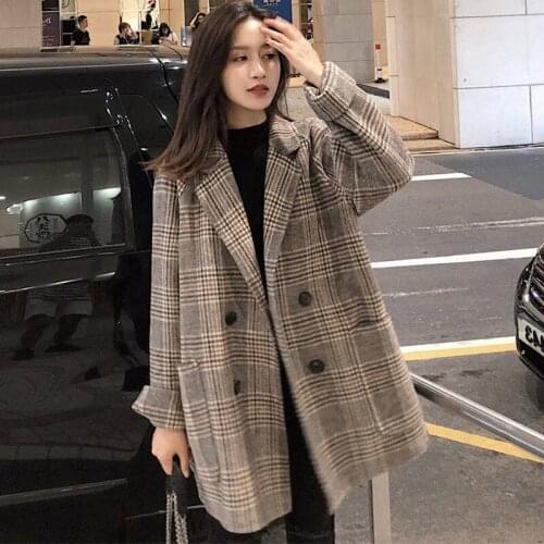 Wool Blends Women Classic Medium-long Style Womens Plaid Students Korean Outwear Elegant Vintage Double Breasted Oversize Modern