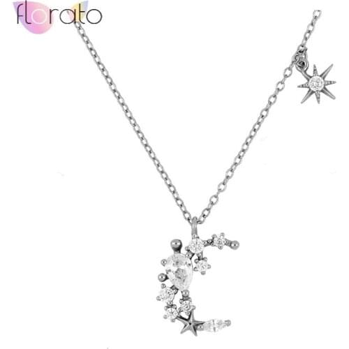 Real 100% 925 Sterling Silver Zircon Moon/Sun Shaped Pendant Necklace for Women Simple Charming Crystal Chain Necklace Jewelry