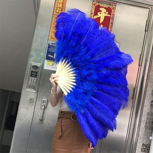 12 Bones High Quality Royal Blue Fluffy Ostrich Feather Fan Party Wedding Performance Props Feathers Fan
