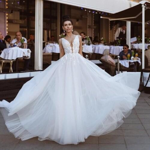 WUZHIYI Sparkling Tulles V Neck Wedding Dresses For Women Lace Appliques Illusion A Line Boho Bridal Gowns Sleeveless 2021