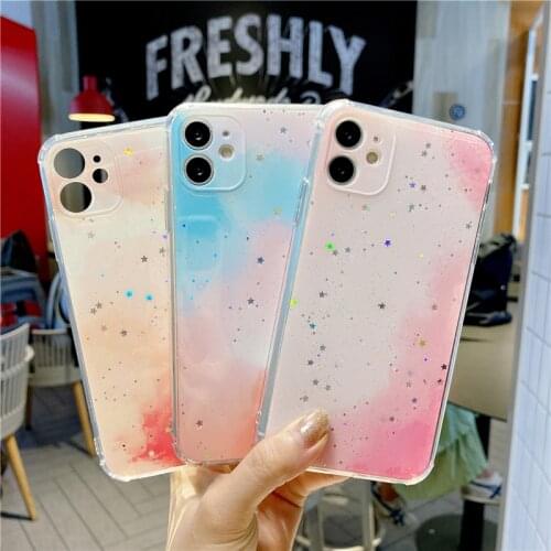 For iPhone 11 Clear Gradient Glitter Star Case For iPhone 12 Pro Max 7 8 Plus X XR XS Max SE 2020 Soft Camera Protection Cover