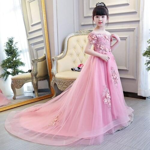 2018 Appliques Girls Long Trailing Party Ball Gown Flower Girl Dress For Wedding Kids Summer Vestido First Communion Dresses