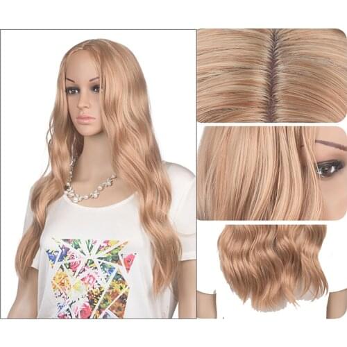 Aigemei Long Wavy Wig Natural Black Golden Brown Color High Temperature Fiber Synthetic Middle Part Hair Cosplay