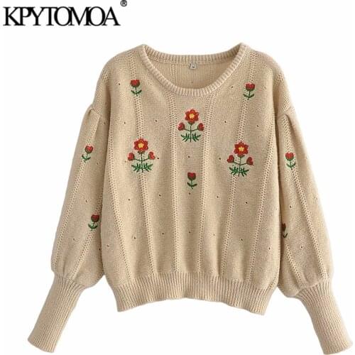 KPYTOMOA Women 2021 Fashion Floral Embroidery Loose Knitted Sweater Vintage O Neck Long Sleeve Female Pullovers Chic Tops