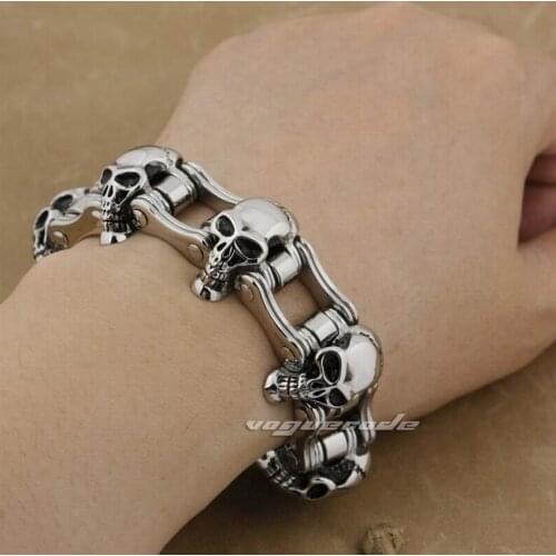 LINSION 8.7" Solid 316L Stainless Steel Skulls Bracelet Mens Biker Rocker Punk Link Chain 5F006