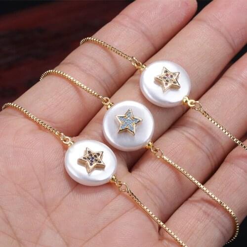 Mint white deep blue mix cz paved gold star charm flat pearl shell connector beads thin link bracelets for woman hand jewelry
