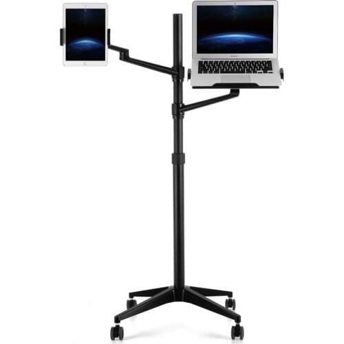 Tablet and Laptop Floor Stand with Wheels,2-in-1 Rolling Floor Stand with Height Adjustable Rotatable Arms for iPad and Laptop