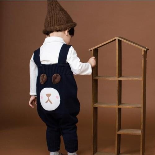 New Fall Winter Strap Knitted Baby Overalls Cartoon Bear Buttons Crotch Romper 0-3 Year old Boys Girls infant PP Knitting Pants