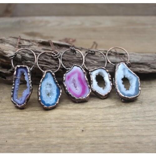 Colourful Agates Geode Slab Pendants Antique Copper Necklace,Natural Druzy Drusy Magic Meditation Chains Retro Jewelry,QC3034