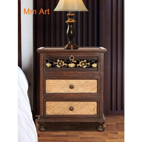 Southeast Asian Style Bedside Table Chinese Solid Wood Rattan Storage Cabinet Vintage