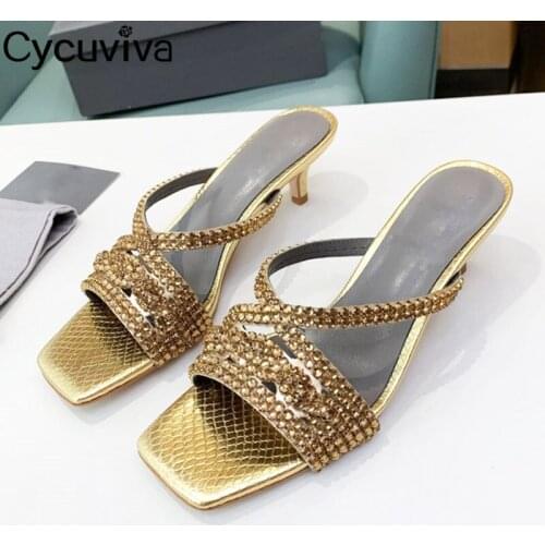 Gold Shiny Crystal Slides Kitten Heel Slippers Women Summer Square Toe Slippers Women Dress Brand Shoes Gladiator Sandals Woman