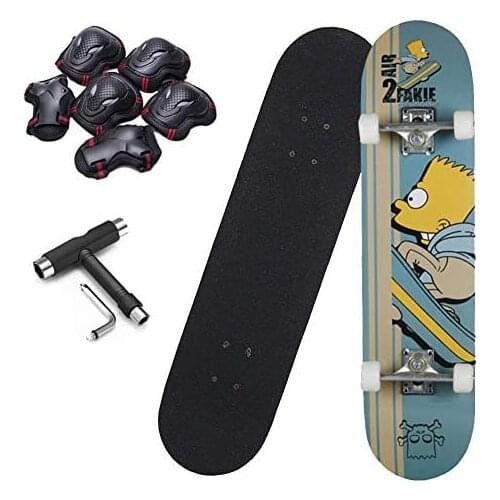 Skateboard 31"X8", 7-Layer Imported Maple Skateboard Double Rocker Type ABEC-7 Bearings, with Protective Gear and T Tools