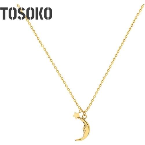 TOSOKO Stainless Steel Jewelry Simple Star Moon Pendant Necklace Womens Sweet Romantic Necklace BSP807