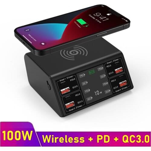 Tongdaytech 100W Multi 8 Port USB Fast Wireless Charger Quick Charge 3.0 PD Charger For IPhone XS 11 Pro Max Samsung Smartphone