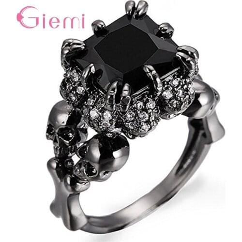 Vintage Punk Gothic 925 Sterling Silver Black Cubic Zircon Ring For Women Men Retro Skull Rings Bricons Bijoux Femme