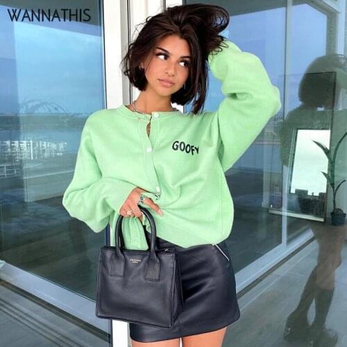 WannaThis Knit Letter Print Tee Casual Shirts Women Long Sleeve O-Neck Button Minimalist Loose Fashion Female Tops 2021 Fashion
