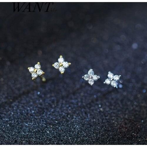 WANTME Real 925 Sterling Silver Minimalist White Zircon Four-leaf Clover Mini Small Stud Earrings for Women Teen Girl Jewelry