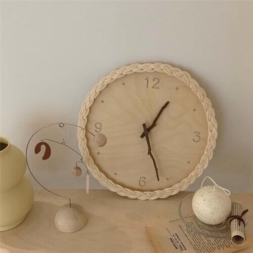 Japanese Fashion Rattan Creative Round Digital Silent Clock Wall Clock Homestay Simple Decorative Wall Decoration Wall Hanging