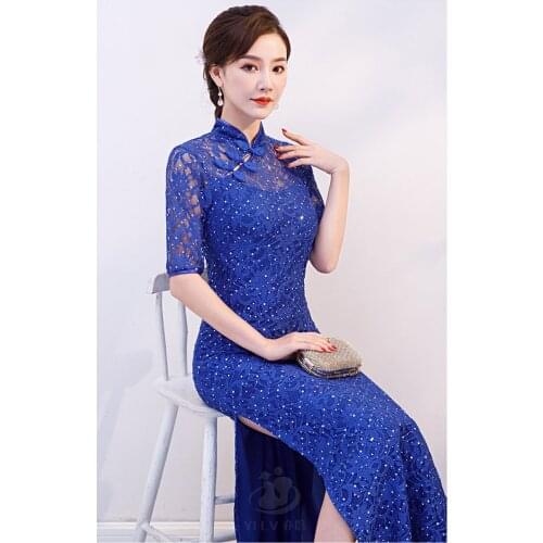 Women New Cheongsam Dress Red Sequins Lace Show Costume Long Dresses Chinese Style Qipao Slim Wedding Dress Blue Black