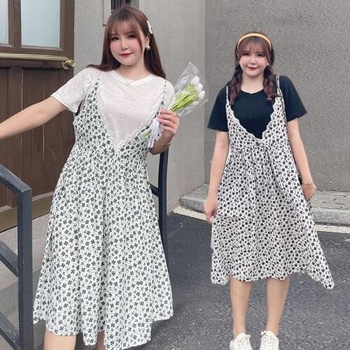 Large size womens summer dress new fat MM small fresh shredded flower two-piece set short sleeves and sling dress