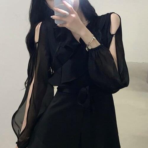 Design Lolita Shirt Dress Women Casual 2021 Summer Solid Gothic Elegant Black Dress Female Evening Party One Piece Dress Korean