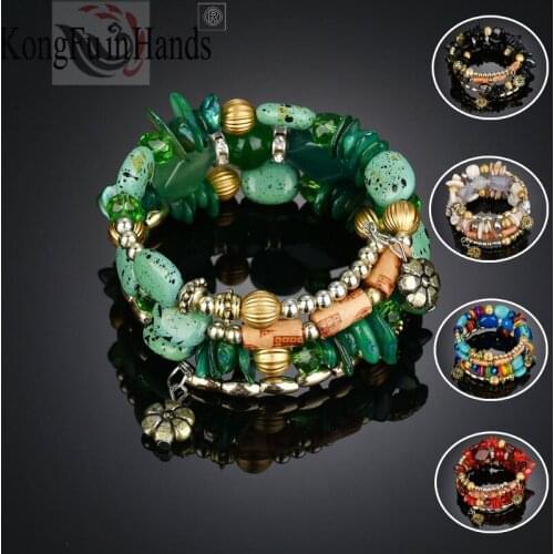 1Set Women Europe and United States Popular Jewelry Elegant Style 5 Color Stone Multi-Layer Bracelet National Wind Hand-Wound