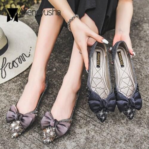 2020 Silk Bow-knot ballet shoes woman bling glitter flats pointed toe slip on loafers paillette moccasins femme plus size 35-43