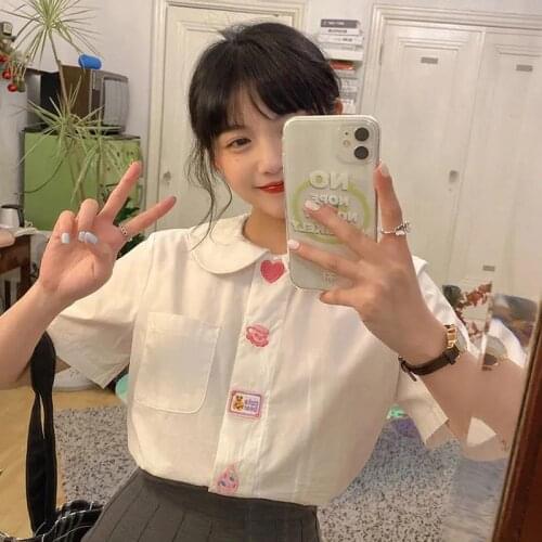 White Cute Shirt Funny Summer Loose Kawaii Embroidery Shirt Women Gothic Hip Hop Tops Harajuku Clothes Half Sleeve Basic Shirt