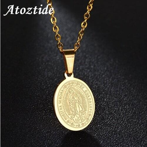 Atoztide Women Virgin Guadalupe Oval Coin Necklace Pendant Stainless Steel Gold Chain Necklace Religious Jewelry