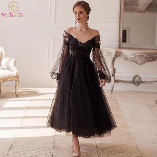 Black Fulle Sleeve Lace Applique Evening Dresses 2021 A Line Tea Length Tulle Prom Gown Formal Special Occasion Graduation Dress