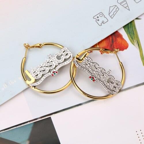 DOREMI Double Color Custom Name Earrings Personalized Stainless Steel Letter Hoop EarringsWith Crown Women Valentines Day Gift
