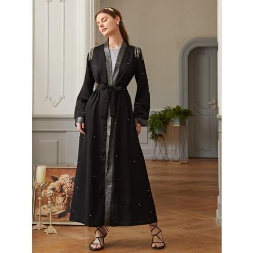 Dubai Beaded Badge Sunscreen Thin Muslim kimono Robes syari female full length cardigan Muslim abaya Worship Service abaya F1902