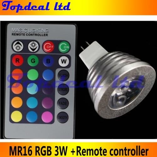 Hot Sale, MR16 RGB LED Light Bulb + 24 key Remote Controller 16 Colors 12V 3W