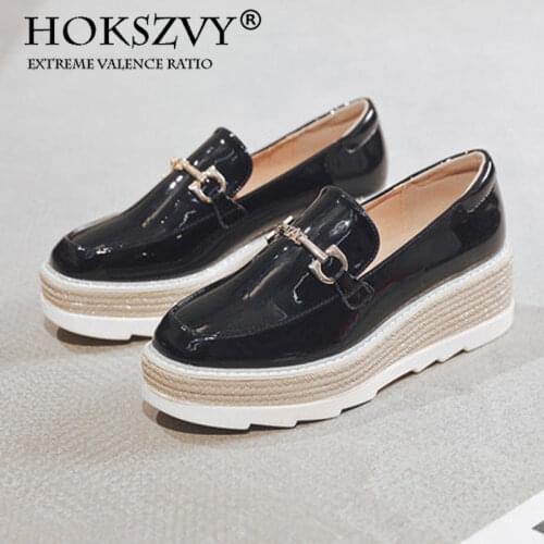 HOKSVZY Patent Leather Metal Buckle Thick-soled Muffin Shoes Increased One Pedal Shallow Mouth Casual Womens Shoes HZB