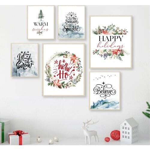 Canvas Painting Happy Holidays Quotes Cartoon Merry Christmas Party Poster Wall Art Pictures For Room Decoration