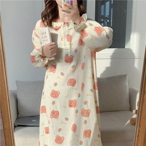 Kawaii Bear Autumn Nightgown Women Cartoon Print Long Sleepwear Cotton Casual Homewear Home Clothes Ruffles Korean Soft