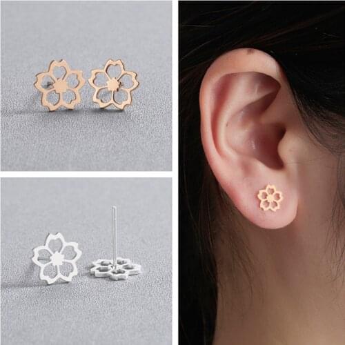 Kinitial Hollow Out Cherry Flower Earrings For Women Minimalist Stainless Steel Flora Rose Heart Five Petal Stud Earrings Female