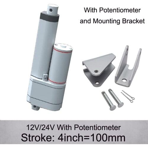 DC12/24V 4inch/ 100mm Stroke 900N/90KGS Push Load Linear Actuator With Potentiometer and Mounting Brackets