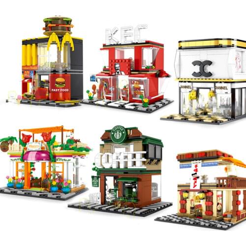 City Mini street Retail Store Miniature Fast Food Building Block Road Corner 3D Model Cafe Leduo Brand City Creator Bricks