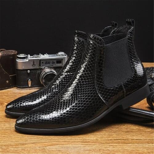 Fashion Serpentine Black Ankle Boots Mens Dress Boots Patent Leather Boots Male Chelsea Boots