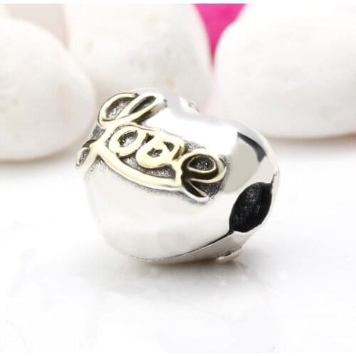 Real 925 Sterling Silver Heart Shape with Yellow Letter Love CZ Bead fit Bracelets for Women Gift