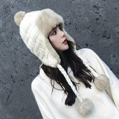 2020 New Winter Hats Women Knitting Hat Caps Snow Girls Thick Warm Ear Protector Bomber Fur Hats Bonnet Cap