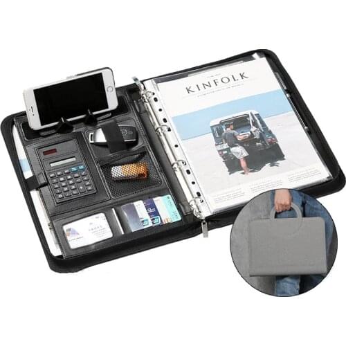 A4 Portable File Folder with Calculator Binder Organizer Manager Office Document Pad Briefcase PU Leather Padfolio Bag Customize