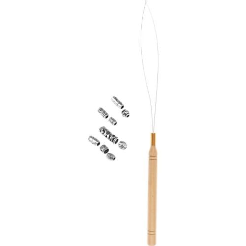 10pcs/set Hair Extensions Loop Needle Threader Wire Pulling Hook with Dreadlock Beads Metal Hair Cuffs
