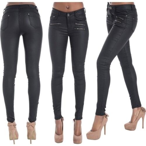 Plus Size Vintage Black Leather Zipper Stacked Skinny Pants for Women Casual Full Length High Waist Y2k Trousers Streetwear