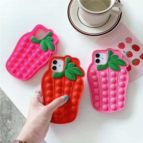 Reliver Stress Cartoon strawberry Bubble Phone case For iphone 11 12 Pro Max Mini X XS MAX XR 6 7 8 SE 3D Sensory Game Cover
